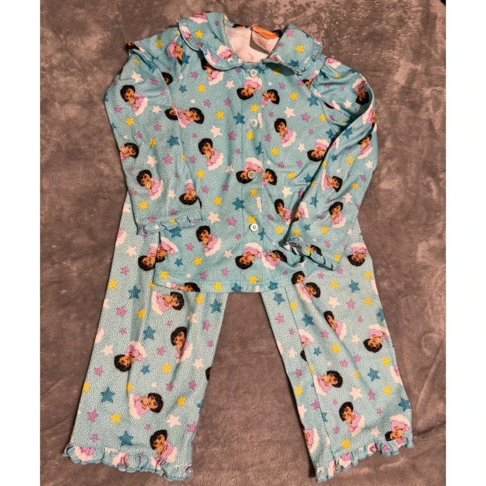 Nickelodeon Dora the Explorer Girls Pajama Set Blue Fleece Stars Ruffle Size 6